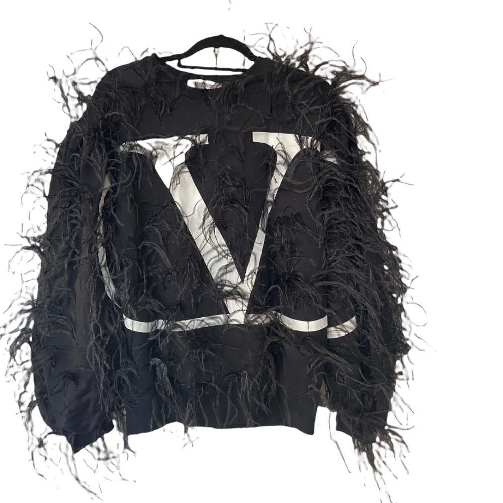 VALENTINO Black Ostrich Feather Logo Jersey Sweatshirt